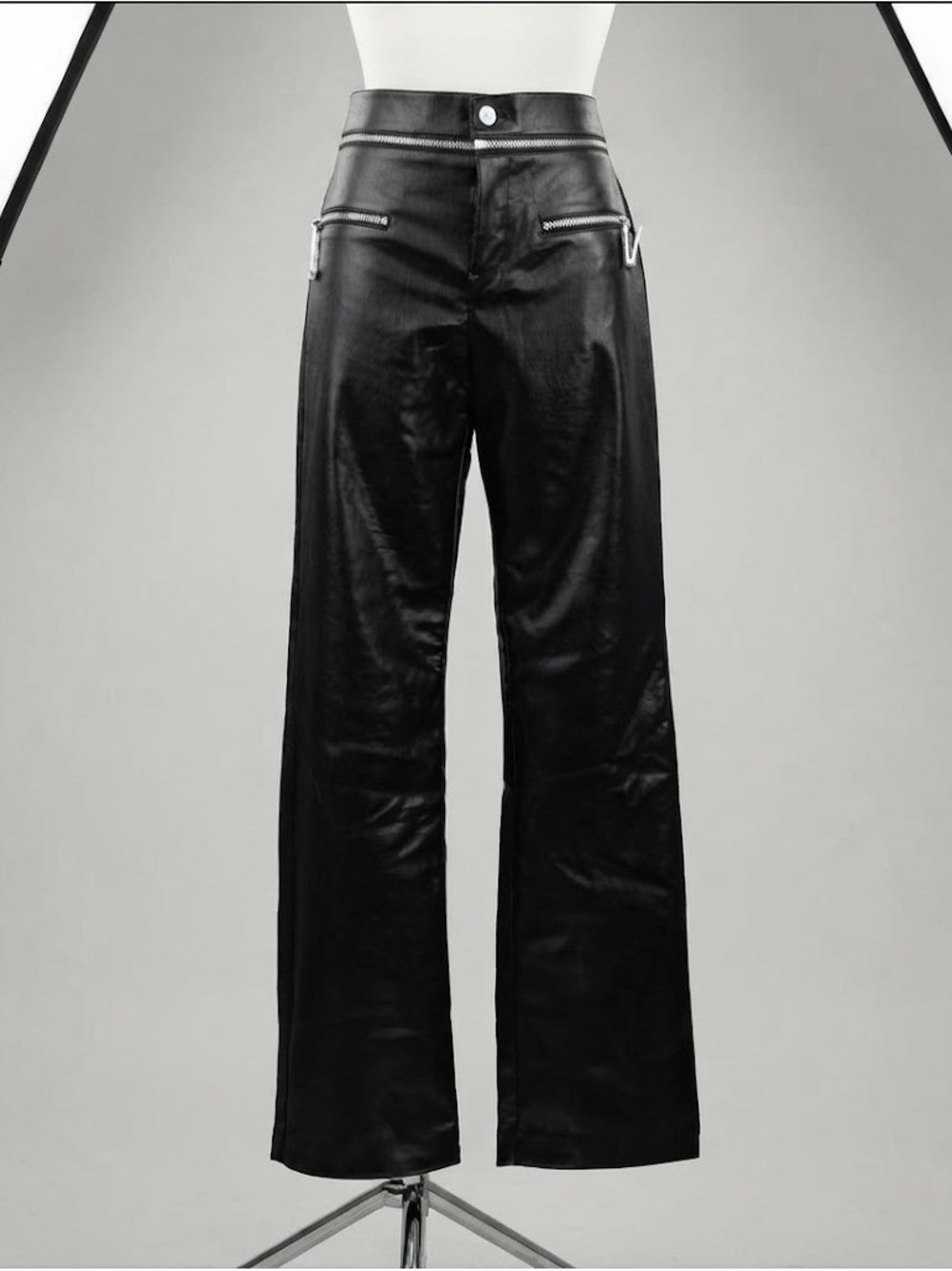 Zara Black Leather Bootcut Zip Moto Pants